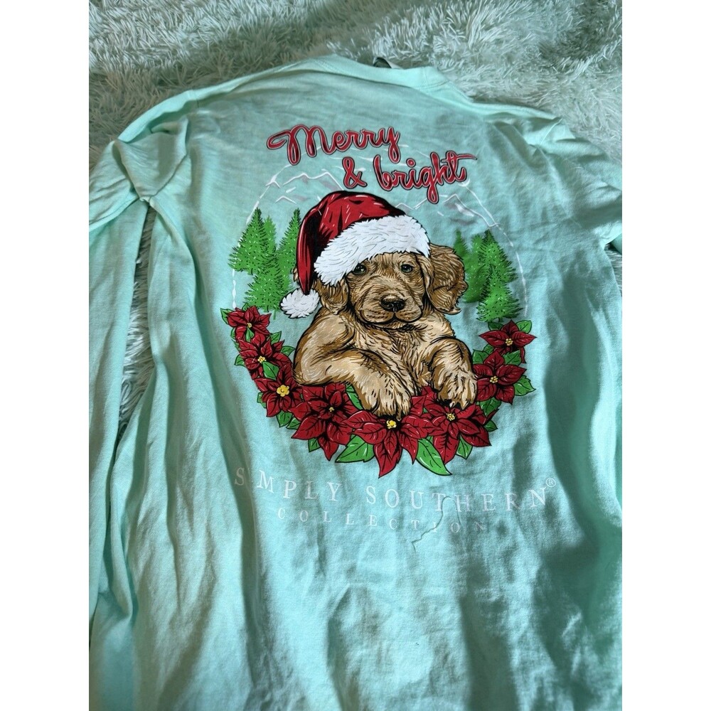 Simply Southern Long Sleeve T Shirt Aqua Puppy Dog Merry Bright Christmas Small